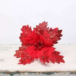 Red Velvet Poinsettia with Glitter Detail Medium Christmas Pick Decoration 35cm