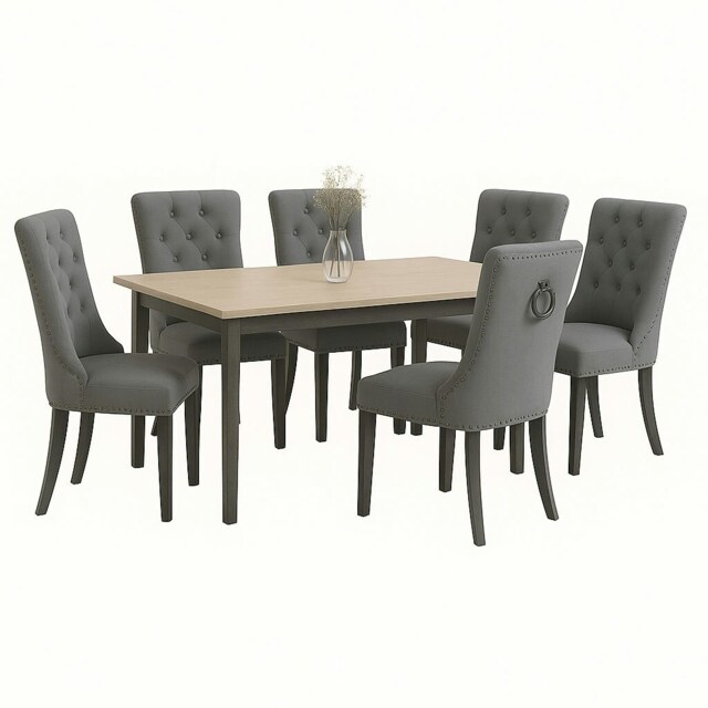Dark Grey Set of Six Studded Velvet Dining Chair with Ring Knocker Detail Grey Dark Grey