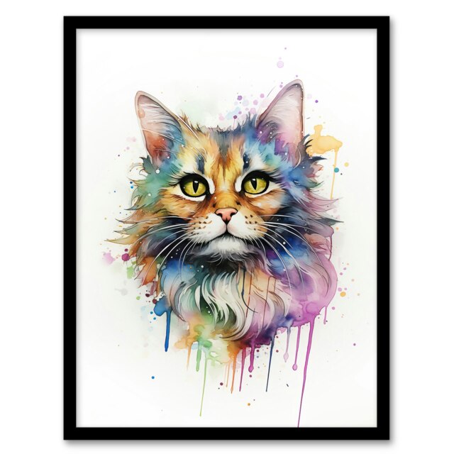 Cat Floofster Fluffy Watercolour Pet Portrait Black Framed Wall Art Print A4