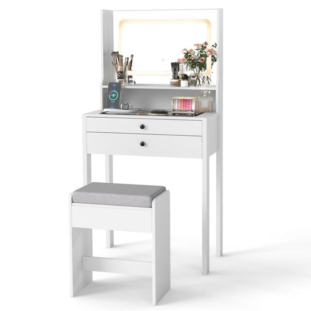 COSTWAY Small Makeup Table Vanity Desk with Mirror Lights White