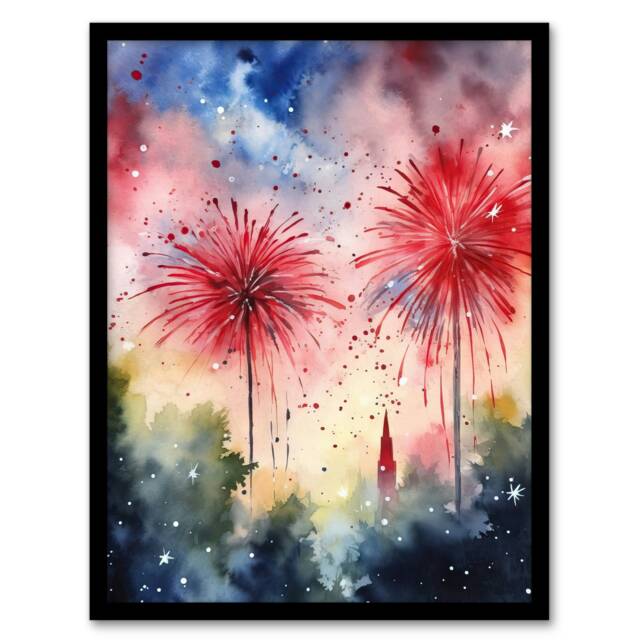 4th July Independence Day Fireworks USA Black Framed Wall Art Print A4