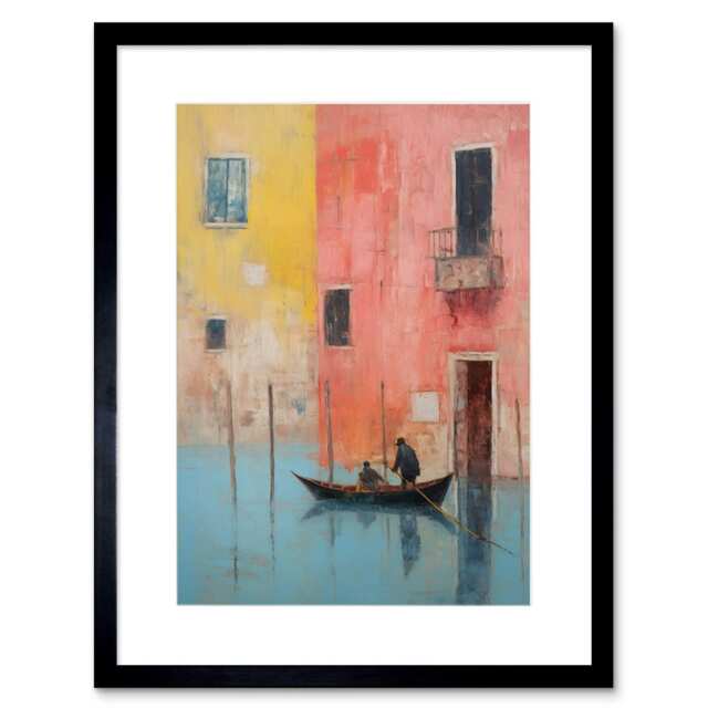 "Venice Canal Gondola Ride Blue Pink Yellow Rower Boat 9x7"" Black Framed Wall Art Print"