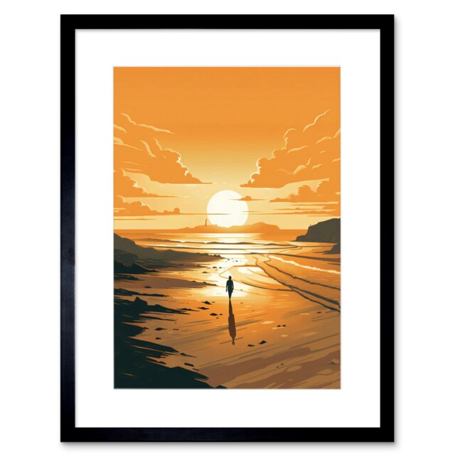"Walk into Sunset Sand Beach Coastal Landscape 9x7"" Black Framed Wall Art Print"