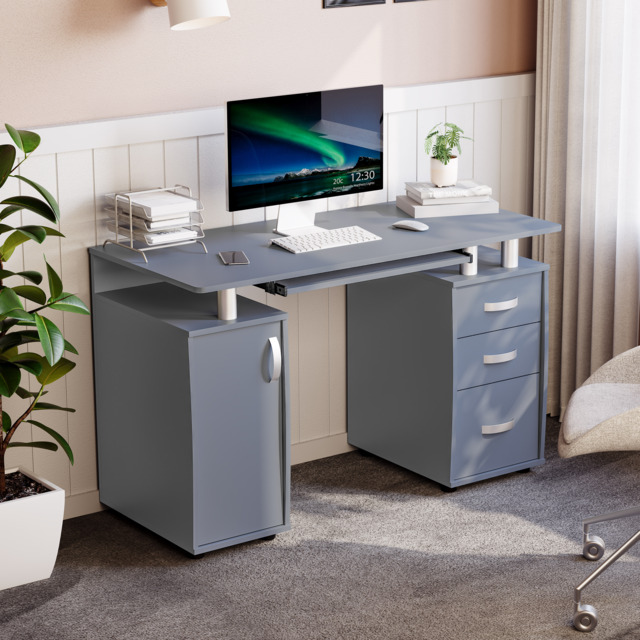 Vida Designs Otley 3 Drawer Computer Desk Home Office Workstation, Grey