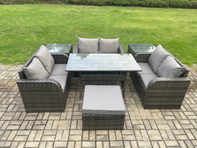 Fimous 7 Seater Outdoor Rattan Garden Furniture Set with Patio Rectangular Dining Table Love Sofa 2 Side Tables Big Footstool Dark Grey Mixed