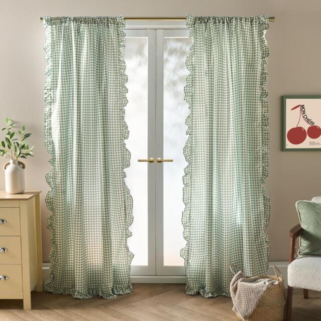 OHS Gingham Frill Voile Net Curtain Pair Window Panels Slot Top Set Green Sage One Size