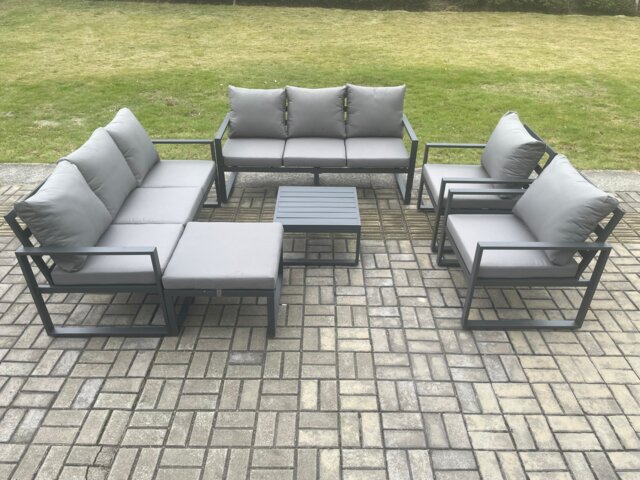 Fimous Aluminium Patio Outdoor Garden Furniture Lounge Sofa Set with Square Coffee Table 2 Chairs Big Footstool Dark Grey