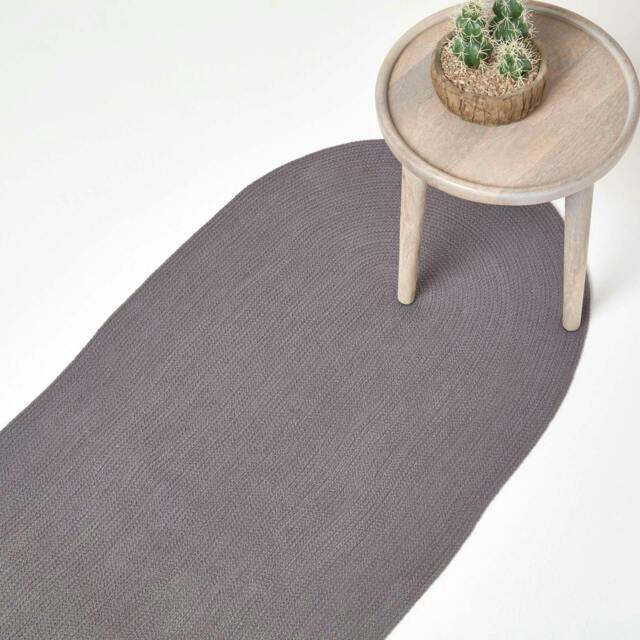 Homescapes Grey Handmade Woven Braided Oval Hallway Rug - 66 x 200 cm Grey Grey