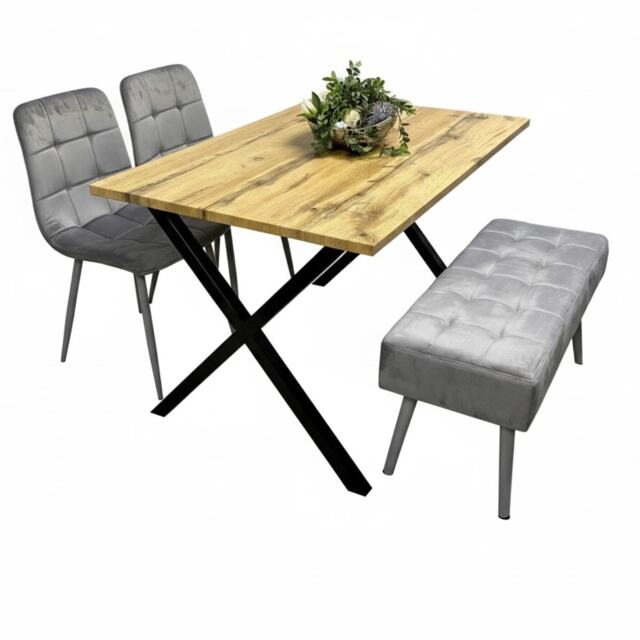 Modern Dining Table Set with Padded Bench and 2 Grey Velvet Chairs, Stylish Kitchen or Dining Room Furniture