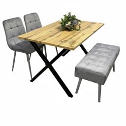Modern Dining Table Set with Padded Bench and 2 Grey Velvet Chairs, Stylish Kitchen or Dining Room Furniture