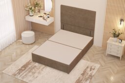 Divan Bed Base with Plain Floor Standing Headboard Plush Velvet Brown Beige