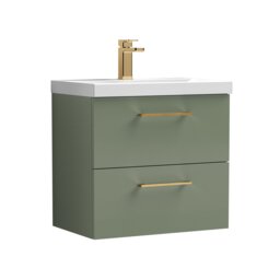 Balterley Wall Hung Bathroom 2 Drawer Vanity Unit and 1 Tap Hole Ceramic Basin, with Handles Green Satin Green