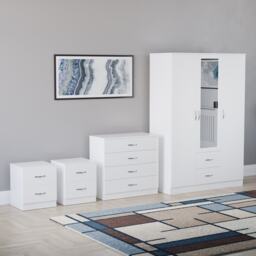 Vida Designs Riano 4 Piece Bedroom Set (2x 2 Drawer Bedside Chest, 4 Drawer Chest, 3 Door 2 Drawer Mirrored Wardrobe) - White