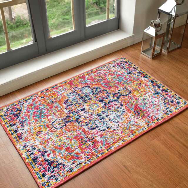 LIVABLISS Harput-Vintage Traditional Boho Rug 60 x 90 cm Blue Orange Yellow Grey
