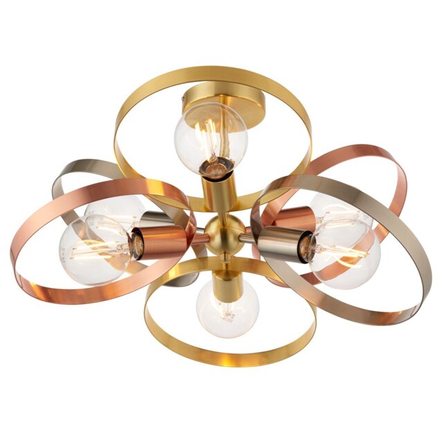 Hoop Multi Arm Semi Flush Ceiling Light Satin Brass, Brushed Copper Plate