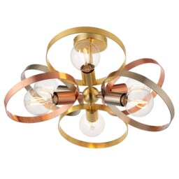 Hoop Multi Arm Semi Flush Ceiling Light Satin Brass, Brushed Copper Plate