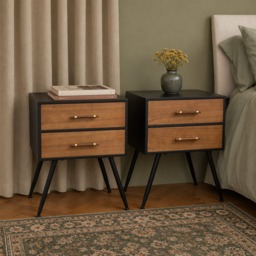 Pair Of Mid-Century Modern Wood & Black 2 Drawer Bedside Tables - Ludlow Range