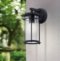 EGLO Valdeo Black Exterior Wall Light With A Clear Cylinder Glass Shade