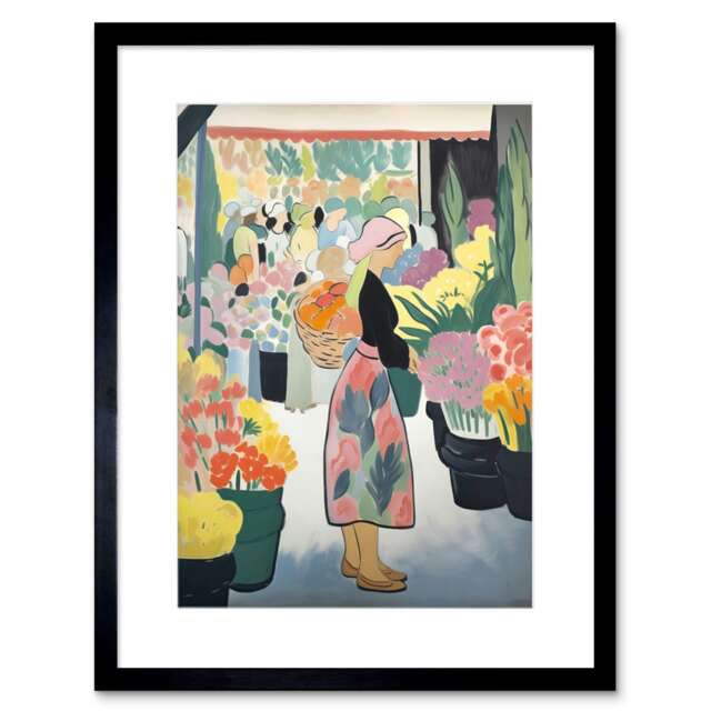 "Danish Pastel Aesthetic Flower Market Woman Watercolour 9x7"" Black Framed Wall Art Print"