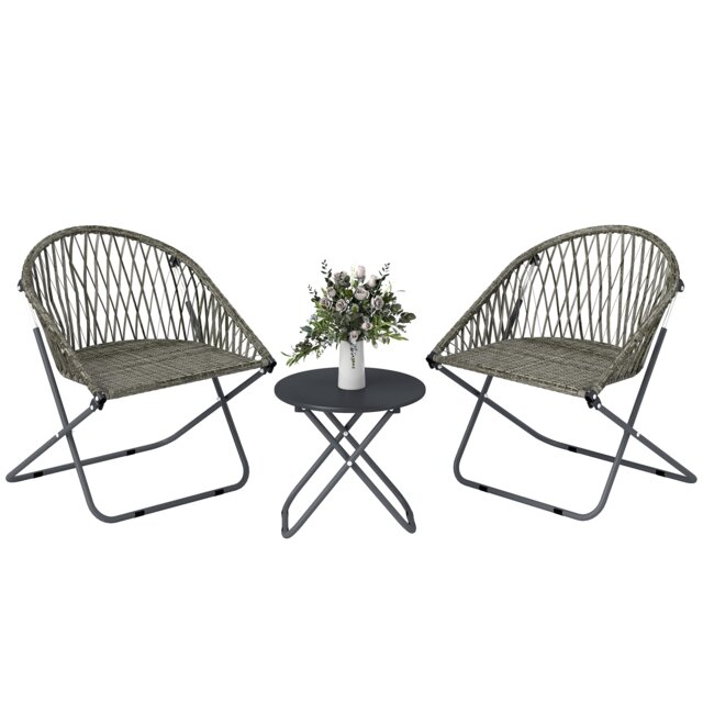Outsunny Outdoor Bistro Set, Folding Table and Rattan Chairs for 2, Grey Grey Grey rattan 66W x 67D x 78H cm (chair), Φ45 x 42H cm (table)