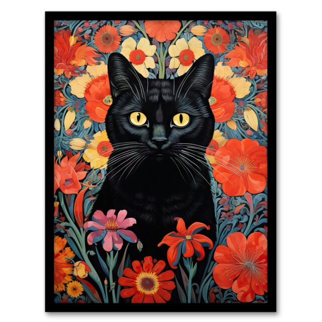 Stylish Black Cat Red Flowers Floral Design Lucky Witch Framed Wall Art Print
