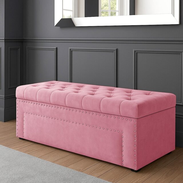 137cm Duke Ottoman Storage Box -Upholstered Blanket Box - Pink Plush Velvet Multifunctional Storage Box