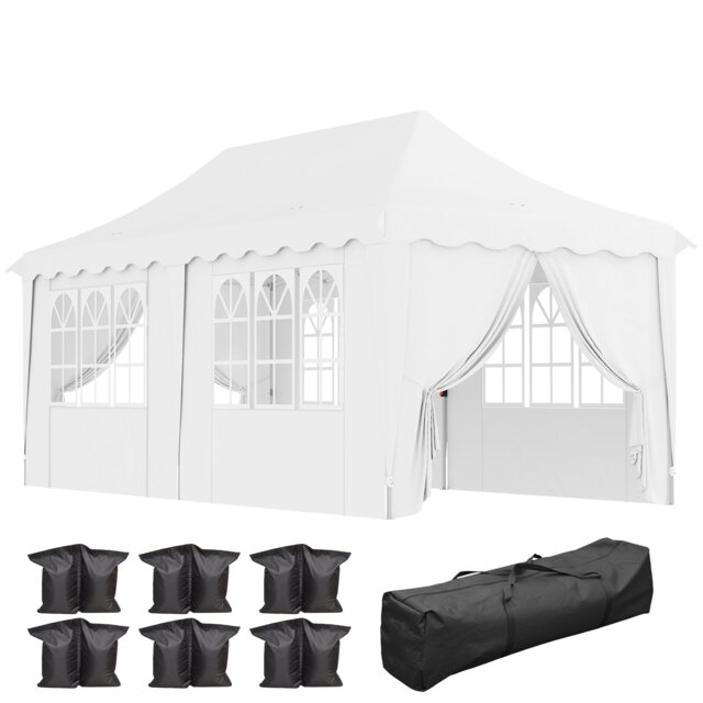 Outsunny 3 x 6m Pop Up Gazebo with Sides, UPF50 Height Adjustable Marquee Party Tent, Wedding Canopy, Instant Event Shelter with Carry Bag and Sand Bags for Garden, White