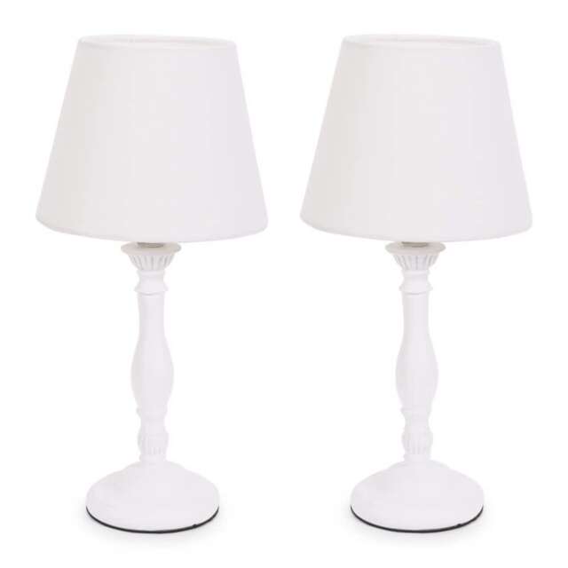 ValueLights Sara Pair of - White Wood Candlestick Table Lamp with a Tapered Shade White