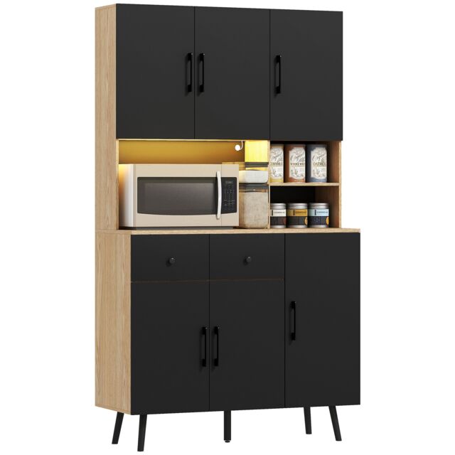 HOMCOM Tall Kitchen Cupboard with LED Lights and Adjustable Shelves, Oak Black Oak and Black
