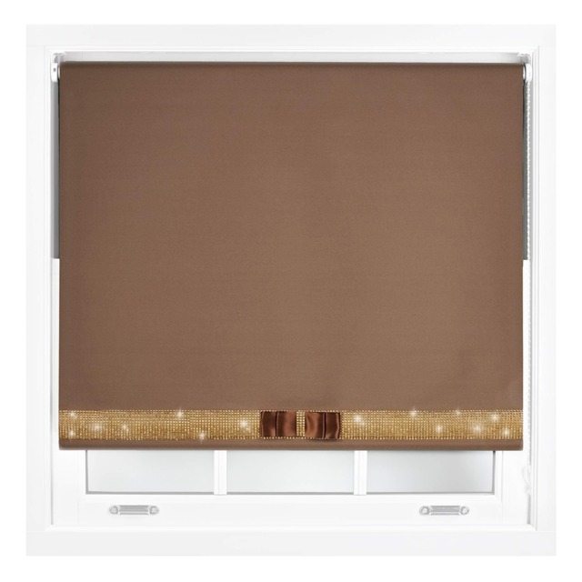 FURNISHED Blackout Roller Blinds with Diamante Trim and Bow Cut to Size Brown Brown 1 (W) 180cm x (L) 165cm