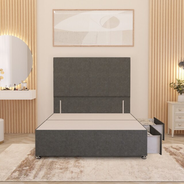 Divan Bed Base with 2 Drawers & Plain Floor Standing Headboard Linen Fabric Grey Grey