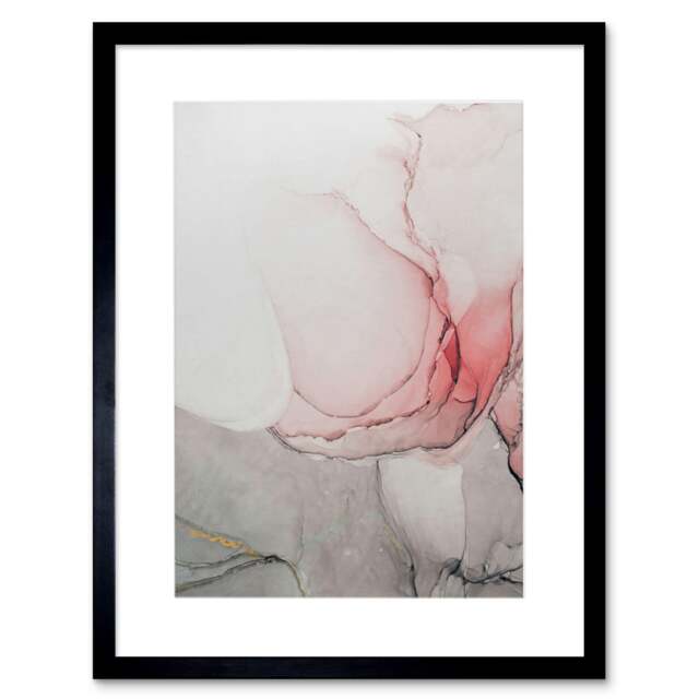 "Abstract Pink Grey Fluid Paint Painting 9x7"" Black Framed Wall Art Print"