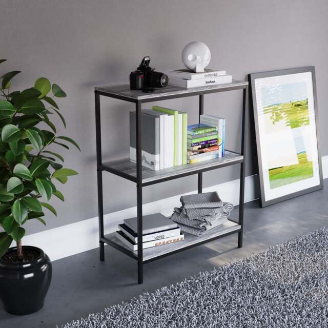 Vida Designs Brooklyn 3 Tier Bookcase Industrial Style Display Storage, Grey
