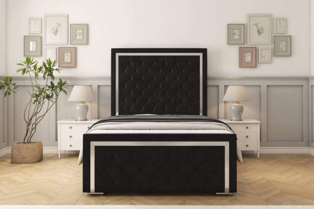 "Sloomy Sofia Chrome Black Plush Bed Frame With 50"" Upholstered Headboard 4'6 Double"