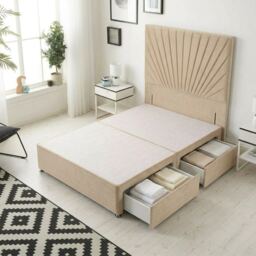 Sunburst Divan Bed with 2 Drawers & 54'' Floor Standing Headboard Plush Velvet Brown Beige
