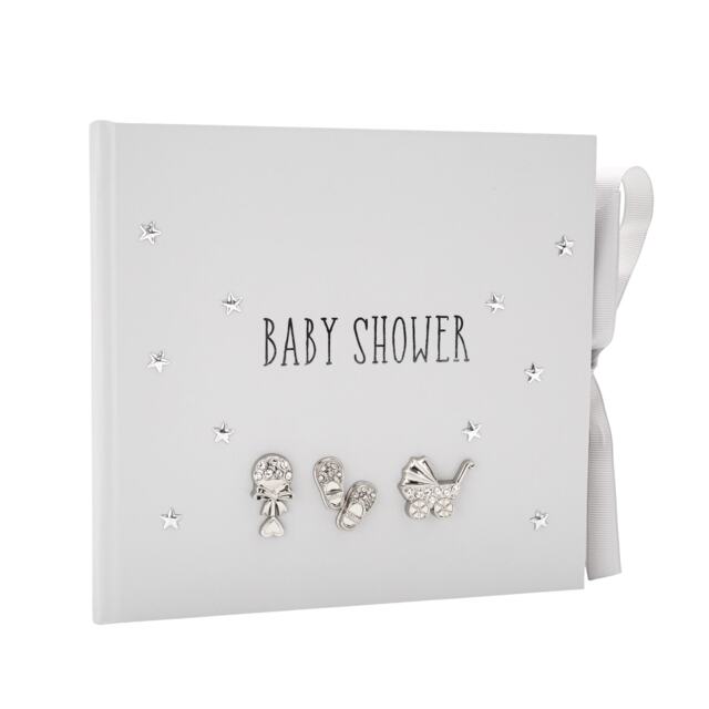 Little ones Shower Photo Album with Silver Plated Rattle Pram and Booties