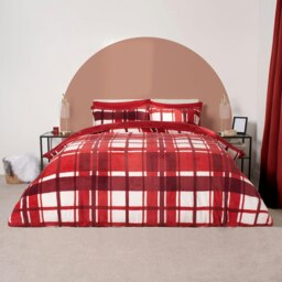 OHS Teddy Fleece Check Printed Duvet Cover and Pillowcase Set, Single - Red