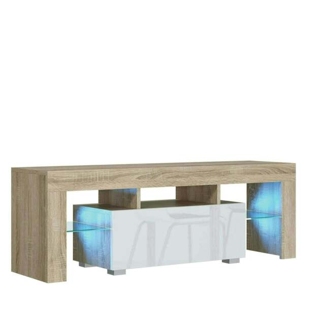 TV Unit 130cm White Gloss Door Oak Matt Body with Glass Sides Free LED Brown White One Size 1