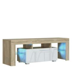 TV Unit 130cm White Gloss Door Oak Matt Body with Glass Sides Free LED Brown White One Size 1