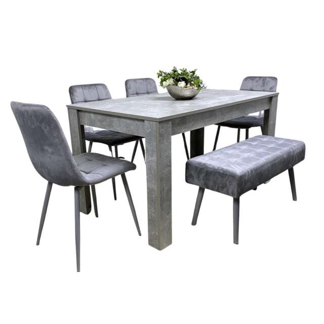 Grey Wooden Dining Table Set with 4 Chairs and 1 Bench Dining Kitchen Furniture