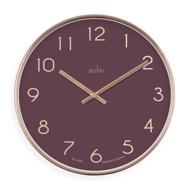 Acctim Elma Wall Clock Quartz Debossed Foil Numerals Copper Effect Mulberry 25cm