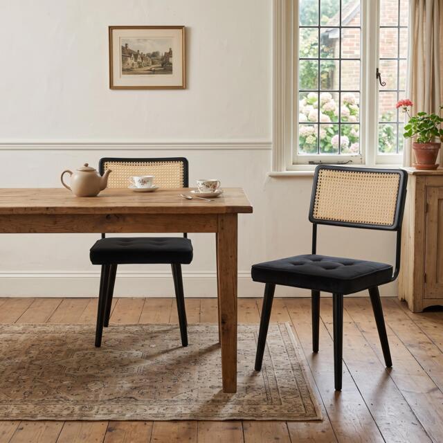 London Boutique Set of 2 Rattan Dining Chairs Set with Padded Velvet Seat (W)47cm (D)57cm (H)80cm - Black