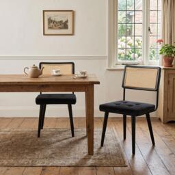 London Boutique Set of 2 Rattan Dining Chairs Set with Padded Velvet Seat (W)47cm (D)57cm (H)80cm - Black