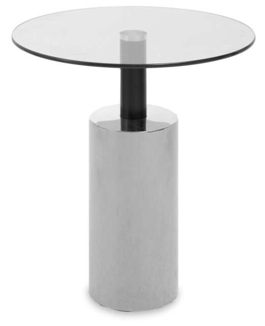 Orsina Clear Glass Side Table With Silver Base, Modern Accent Table With Black Column Support, Round Glass End Table