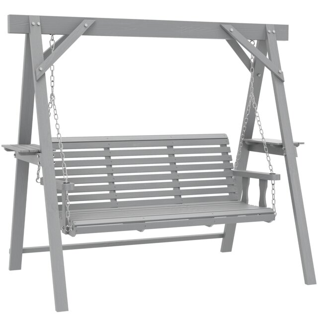 Outsunny 3 Seater Wooden Garden Swing Chair with Side Tables, Dark Grey Grey Dark Grey L