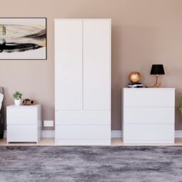 Vida Designs Denver 3 Piece Bedroom Set (2 Drawer Large Bedside Chest, 3 Drawer Chest, 2 Door 2 Drawer Wardrobe), White White White L 3