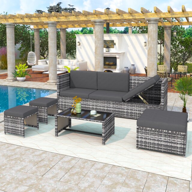 4-6 Seater Rattan Garden Furniture Seating Group with Table & Stool