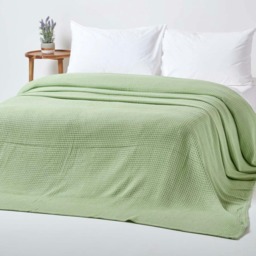 Homescapes Organic Cotton Waffle Blanket/ Throw Sage Green - 228 x 228 cm