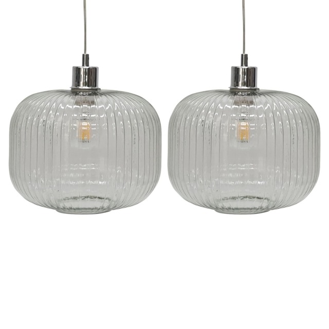 Set of 2 Batley Large - Clear Ribbed Glass Easy Fit Pendant Shades Clear Medium 2