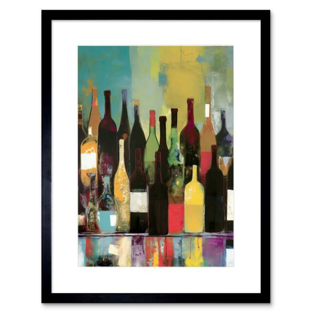 "Rose White Red Glass Wine Bottles Kitchen 9x7"" Black Framed Wall Art Print"
